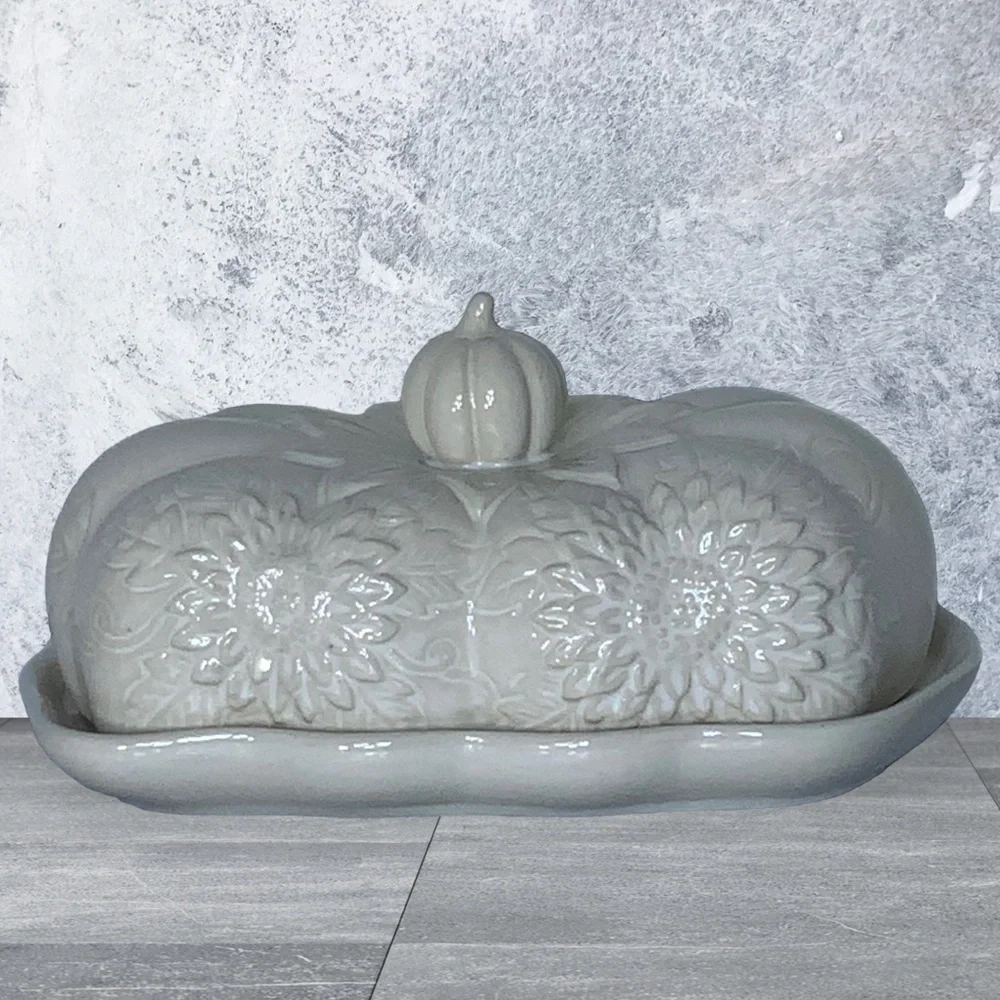 Harvest Covered Butter Dish With Lid Large Ceramic Sunflower Pumpkin White Cream